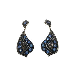 Genuine Sapphire & Diamond Paisley Dangling Drop Earrings NEW